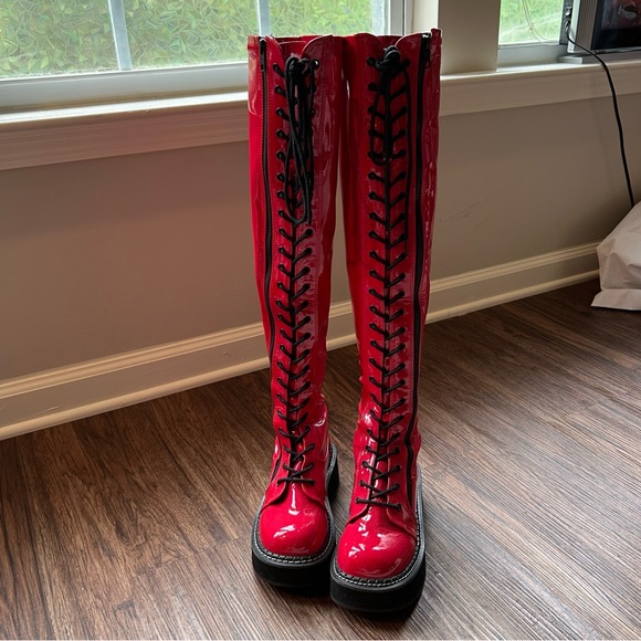Demonia Red and Black Lace Up Boots - Picture 5 of 6
